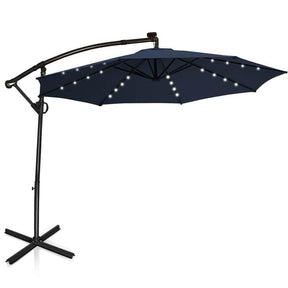 10FT Solar LED Offset Cantilever Umbrella, 360° Rotation Outdoor Patio Market Umbrella with Tilt Adjustment, Cross Base & Crank Handle