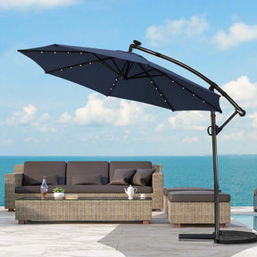 10FT Solar LED Offset Cantilever Umbrella, 360° Rotation Outdoor Patio Market Umbrella with Tilt Adjustment, Cross Base & Crank Handle