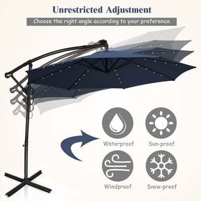 10FT Solar LED Offset Cantilever Umbrella, 360° Rotation Outdoor Patio Market Umbrella with Tilt Adjustment, Cross Base & Crank Handle