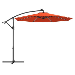 10FT Solar LED Offset Cantilever Umbrella, 360° Rotation Outdoor Patio Market Umbrella with Tilt Adjustment, Cross Base & Crank Handle