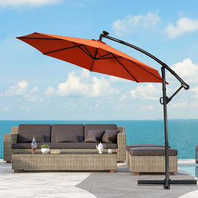 10FT Solar LED Offset Cantilever Umbrella, 360° Rotation Outdoor Patio Market Umbrella with Tilt Adjustment, Cross Base & Crank Handle