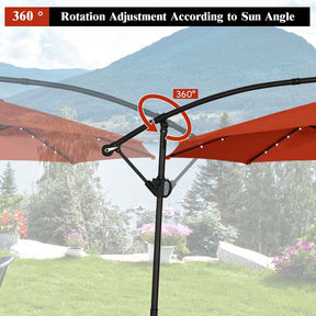 10FT Solar LED Offset Cantilever Umbrella, 360° Rotation Outdoor Patio Market Umbrella with Tilt Adjustment, Cross Base & Crank Handle