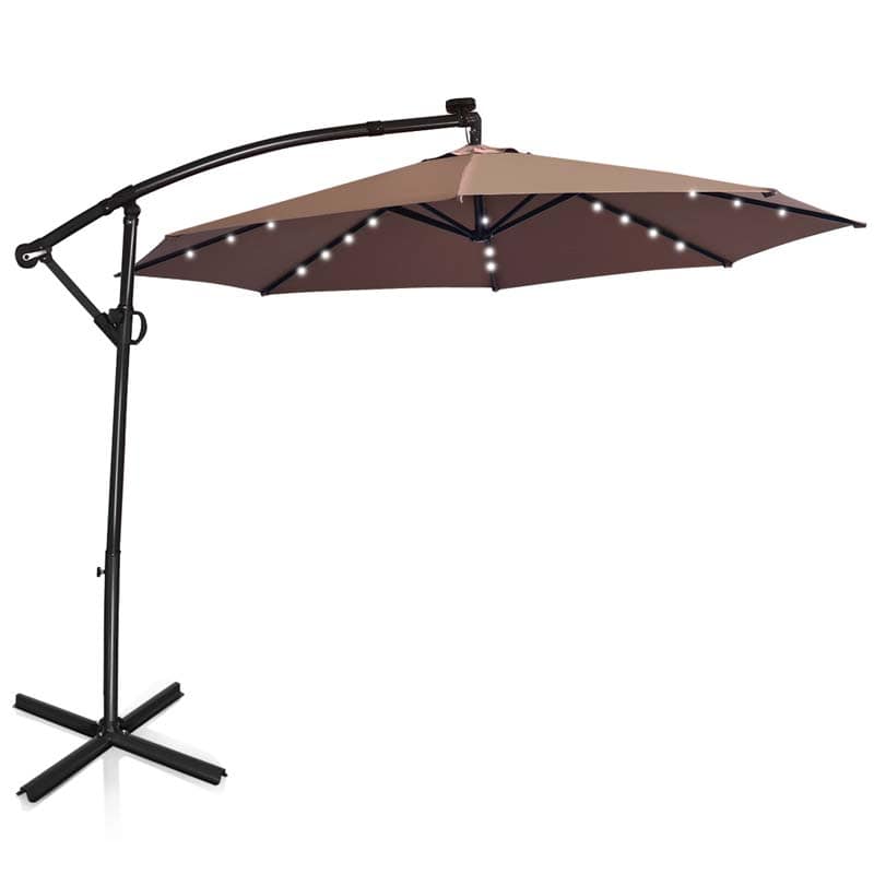 10FT Solar LED Offset Cantilever Umbrella, 360° Rotation Outdoor Patio Market Umbrella with Tilt Adjustment, Cross Base & Crank Handle