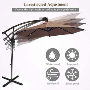 10FT Solar LED Offset Cantilever Umbrella, 360° Rotation Outdoor Patio Market Umbrella with Tilt Adjustment, Cross Base & Crank Handle