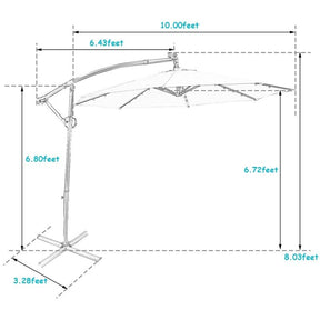 10FT Solar LED Offset Cantilever Umbrella, 360° Rotation Outdoor Patio Market Umbrella with Tilt Adjustment, Cross Base & Crank Handle