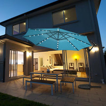 10FT Solar LED Offset Cantilever Umbrella, 360° Rotation Outdoor Patio Market Umbrella with Tilt Adjustment, Cross Base & Crank Handle