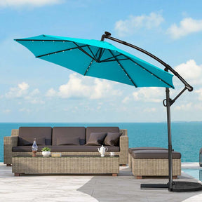 10FT Solar LED Offset Cantilever Umbrella, 360° Rotation Outdoor Patio Market Umbrella with Tilt Adjustment, Cross Base & Crank Handle