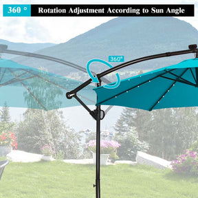 10FT Solar LED Offset Cantilever Umbrella, 360° Rotation Outdoor Patio Market Umbrella with Tilt Adjustment, Cross Base & Crank Handle