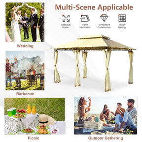 10 x 13 FT Steel Patio Gazebo with Mesh Curtains, 2 Tier Vented Roof Outdoor Canopy Gazebo Tent