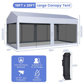 10 x 20 FT Pop-Up Canopy Tent Car Garage Shelter Screen House Party Tent with Removable Sidewalls & Wheeled Bag