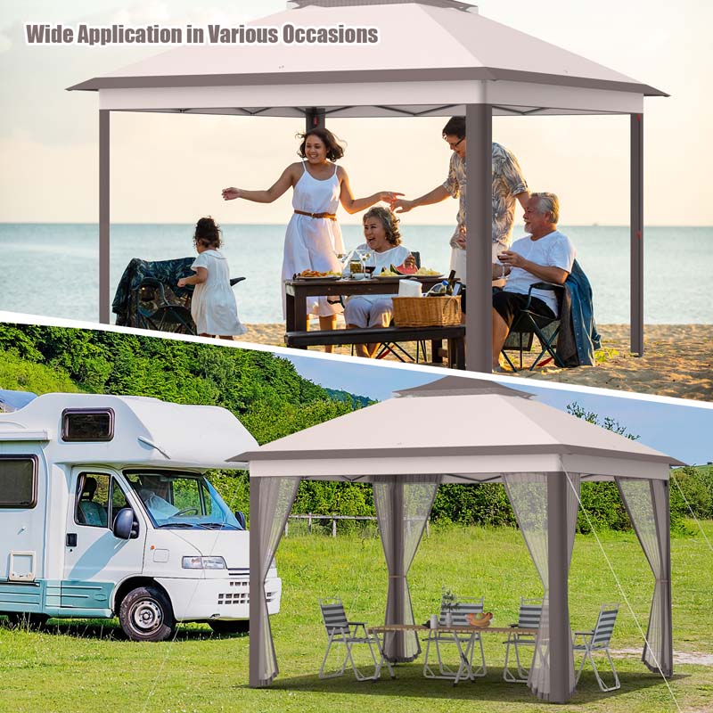 11 x 11 FT 2-Tier Pop-Up Gazebo Tent Portable Outdoor Canopy Shelter with Netting & Carry Bag
