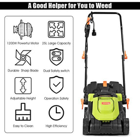 12 Amp 14" Corded Electric Lawn Mower with Folding Handle, 3 Cutting Heights Push Mower with 25L Collection Bag