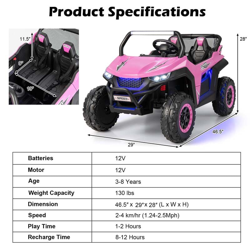 12V 2-Seater Kids Ride On UTV Car, Battery Powered Electric Vehicle with Remote Control, Lights & Music, Ride On Toy Car for Boys Girls Gifts