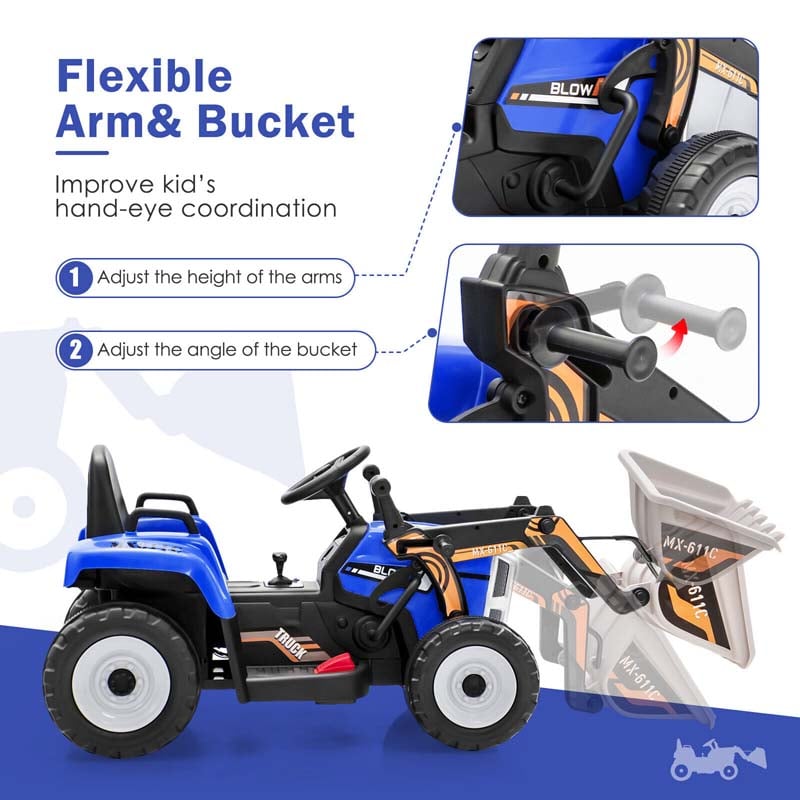 12V Kids Ride On Excavator with Remote Control, Adjustable Digging Bucket & 3 Speeds, Electric Construction Vehicle Toy Tractor for Boys Girls