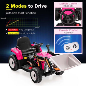 12V Kids Ride On Excavator with Remote Control, Adjustable Digging Bucket & 3 Speeds, Electric Construction Vehicle Toy Tractor for Boys Girls