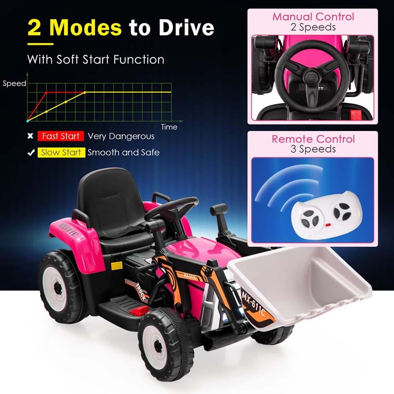 12V Kids Ride On Excavator with Remote Control, Adjustable Digging Bucket & 3 Speeds, Electric Construction Vehicle Toy Tractor for Boys Girls