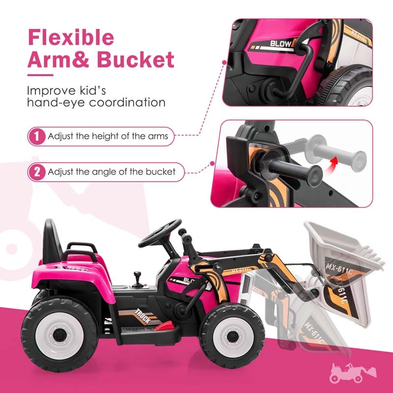 12V Kids Ride On Excavator with Remote Control, Adjustable Digging Bucket & 3 Speeds, Electric Construction Vehicle Toy Tractor for Boys Girls