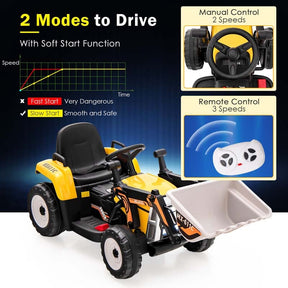 12V Kids Ride On Excavator with Remote Control, Adjustable Digging Bucket & 3 Speeds, Electric Construction Vehicle Toy Tractor for Boys Girls