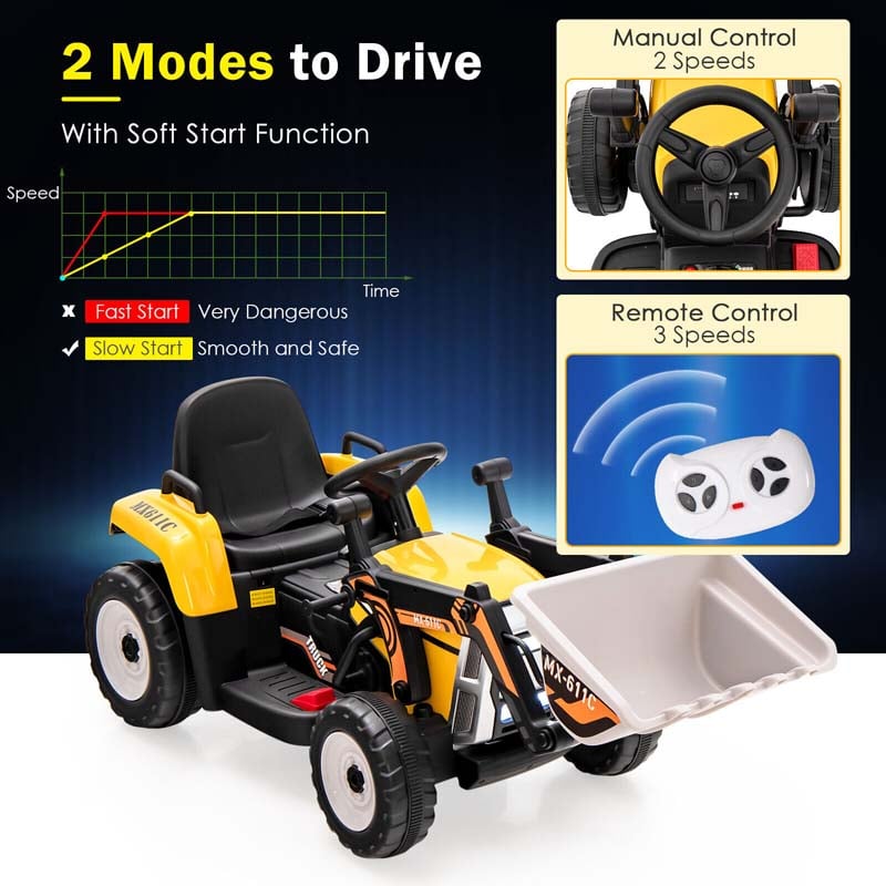 12V Kids Ride On Excavator with Remote Control, Adjustable Digging Bucket & 3 Speeds, Electric Construction Vehicle Toy Tractor for Boys Girls