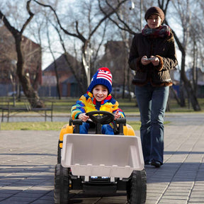12V Kids Ride On Excavator with Remote Control, Adjustable Digging Bucket & 3 Speeds, Electric Construction Vehicle Toy Tractor for Boys Girls