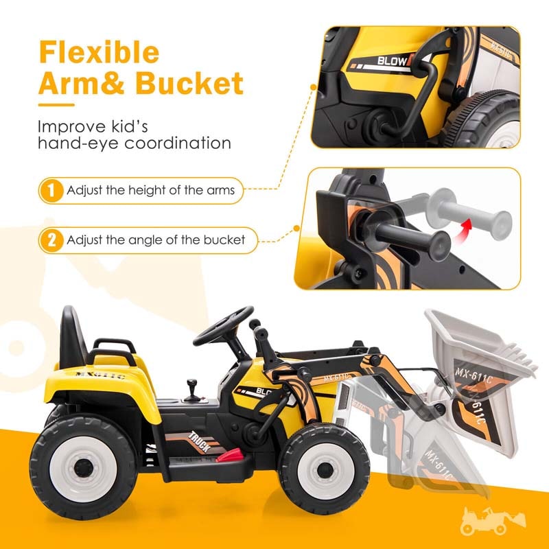 12V Kids Ride On Excavator with Remote Control, Adjustable Digging Bucket & 3 Speeds, Electric Construction Vehicle Toy Tractor for Boys Girls