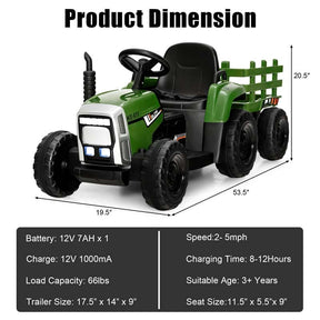 12V Kids Ride On Tractor with Detachable Trailer, 3-Gear Ground Loader & Remote Control, Riding Toy Tractor Electric Vehicle for Ages 3+