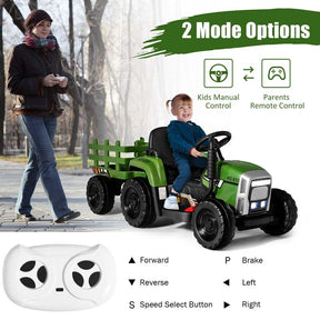 12V Kids Ride On Tractor with Detachable Trailer, 3-Gear Ground Loader & Remote Control, Riding Toy Tractor Electric Vehicle for Ages 3+