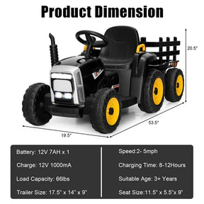 12V Kids Ride On Tractor with Detachable Trailer, 3-Gear Ground Loader & Remote Control, Riding Toy Tractor Electric Vehicle for Ages 3+
