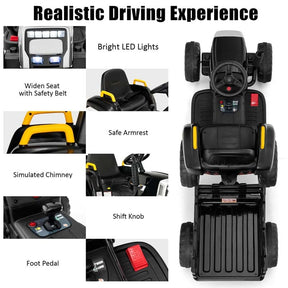12V Kids Ride On Tractor with Detachable Trailer, 3-Gear Ground Loader & Remote Control, Riding Toy Tractor Electric Vehicle for Ages 3+