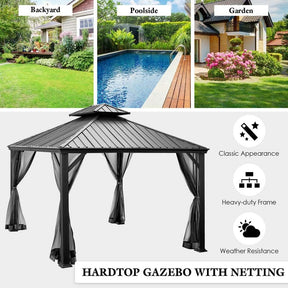 12 x 10 FT Hardtop Gazebo with Netting & Central Hook, 2-Tier Outdoor Patio Metal Gazebo Canopy Tent