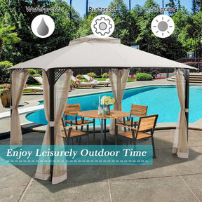 12 x 10 FT Patio Metal Gazebo with Netting & 2 Tier Roof, Heavy Duty Outdoor Canopy Gazebo Tent for Party