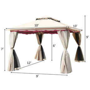13 x 10 FT Steel Frame Patio Gazebo with Netting & Sidewalls, 2 Tier Roof Large Outdoor Canopy Gazebo Tent