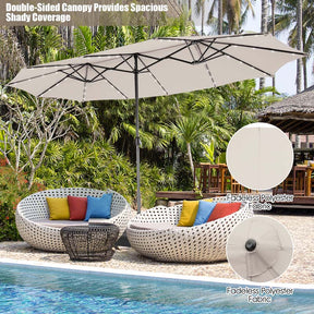 15 FT Double-Sided Patio Umbrella with 48 Solar Lights, Extra-Large Outdoor Twin Market Umbrella with Base