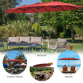 15FT Double-Sided Twin Patio Umbrella with Base & Crank System, Extra-Large Cantilever Market Umbrella