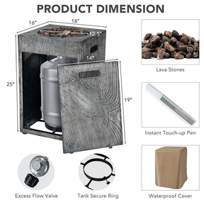 16" Square Outdoor Propane Fire Pit, 30000 BTU Gas Fire Pit with Lava Rocks & Waterproof Cover