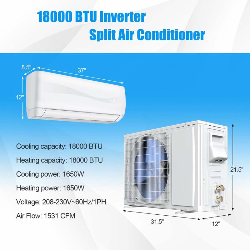 18000 BTU Ductless Mini Split Air Conditioner & Heater, 19 SEER2 208-230V Energy Efficient Wall-Mounted Inverter Split AC Unit with Heat Pump