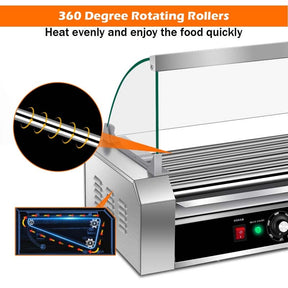 18 Hot Dog Roller Machine, Electric Sausage Grill with 7 Non-Stick Rollers, Glass Hood Cover & Removable Drip Tray for Household & Commercial Use