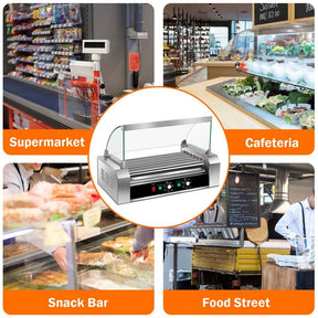 18 Hot Dog Roller Machine, Electric Sausage Grill with 7 Non-Stick Rollers, Glass Hood Cover & Removable Drip Tray for Household & Commercial Use