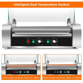 18 Hot Dog Roller Machine, Electric Sausage Grill with 7 Non-Stick Rollers, Glass Hood Cover & Removable Drip Tray for Household & Commercial Use