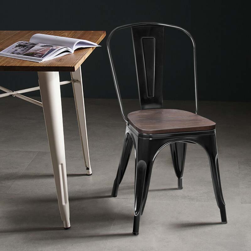 Set of 4 Tolix Style Metal Dining Chairs, 18" Stackable Bistro Cafe Side Chairs with Wood Seat & High Backrest for Home Kitchen Bar Use