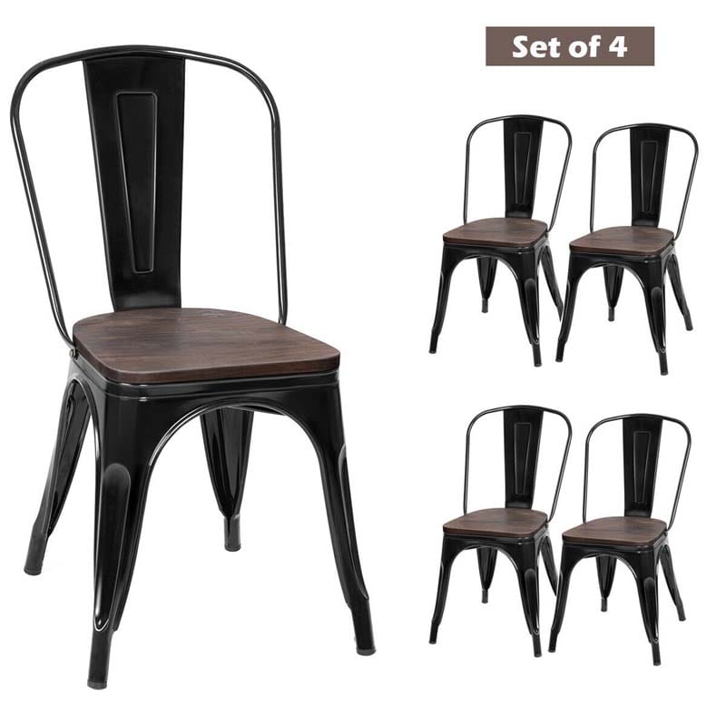 Set of 4 Tolix Style Metal Dining Chairs, 18" Stackable Bistro Cafe Side Chairs with Wood Seat & High Backrest for Home Kitchen Bar Use