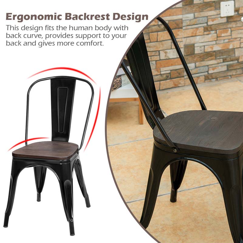 Set of 4 Tolix Style Metal Dining Chairs, 18" Stackable Bistro Cafe Side Chairs with Wood Seat & High Backrest for Home Kitchen Bar Use