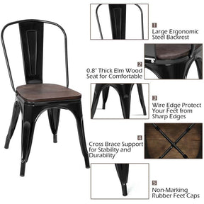 Set of 4 Tolix Style Metal Dining Chairs, 18" Stackable Bistro Cafe Side Chairs with Wood Seat & High Backrest for Home Kitchen Bar Use