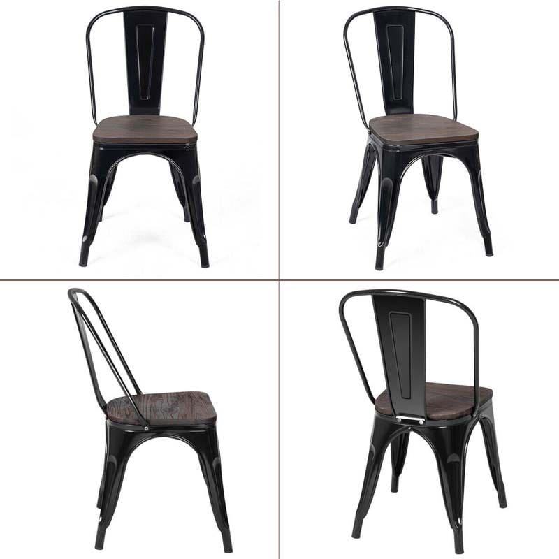Set of 4 Tolix Style Metal Dining Chairs, 18" Stackable Bistro Cafe Side Chairs with Wood Seat & High Backrest for Home Kitchen Bar Use