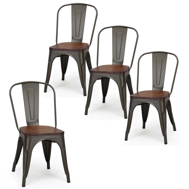 Set of 4 Tolix Style Metal Dining Chairs, 18" Stackable Bistro Cafe Side Chairs with Wood Seat & High Backrest for Home Kitchen Bar Use