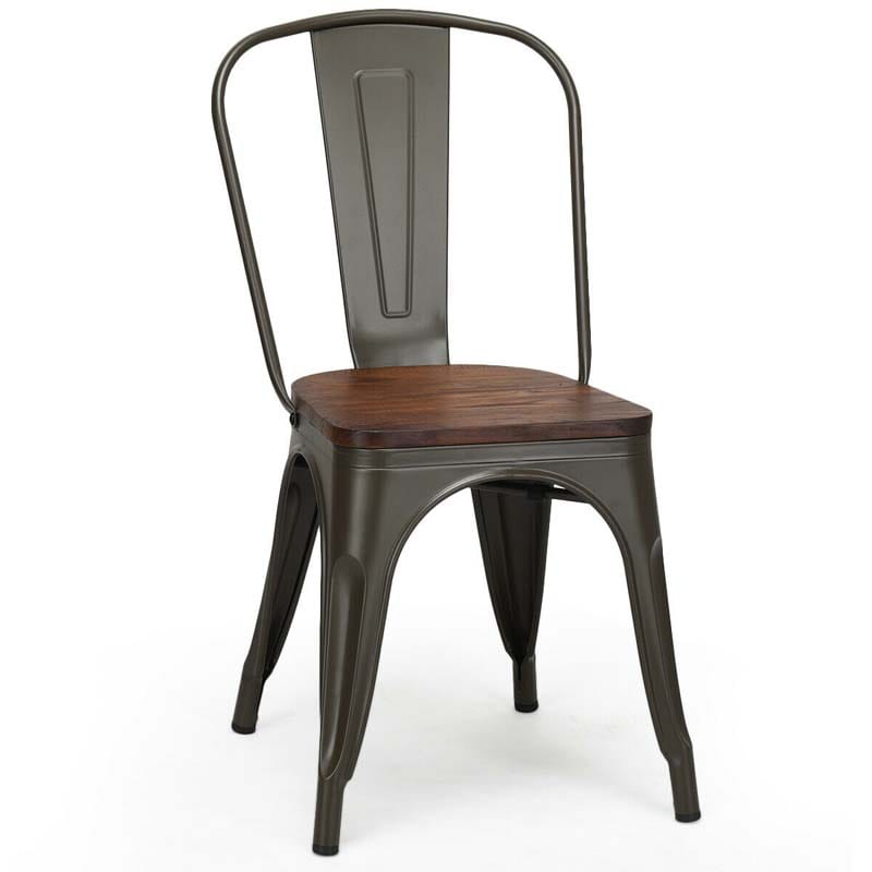 Set of 4 Tolix Style Metal Dining Chairs, 18" Stackable Bistro Cafe Side Chairs with Wood Seat & High Backrest for Home Kitchen Bar Use
