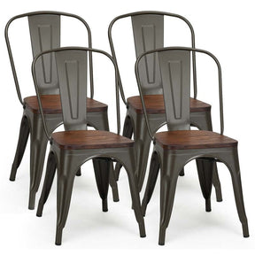 Set of 4 Tolix Style Metal Dining Chairs, 18" Stackable Bistro Cafe Side Chairs with Wood Seat & High Backrest for Home Kitchen Bar Use