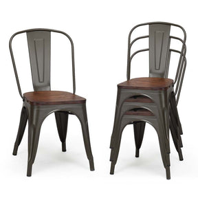 Set of 4 Tolix Style Metal Dining Chairs, 18" Stackable Bistro Cafe Side Chairs with Wood Seat & High Backrest for Home Kitchen Bar Use