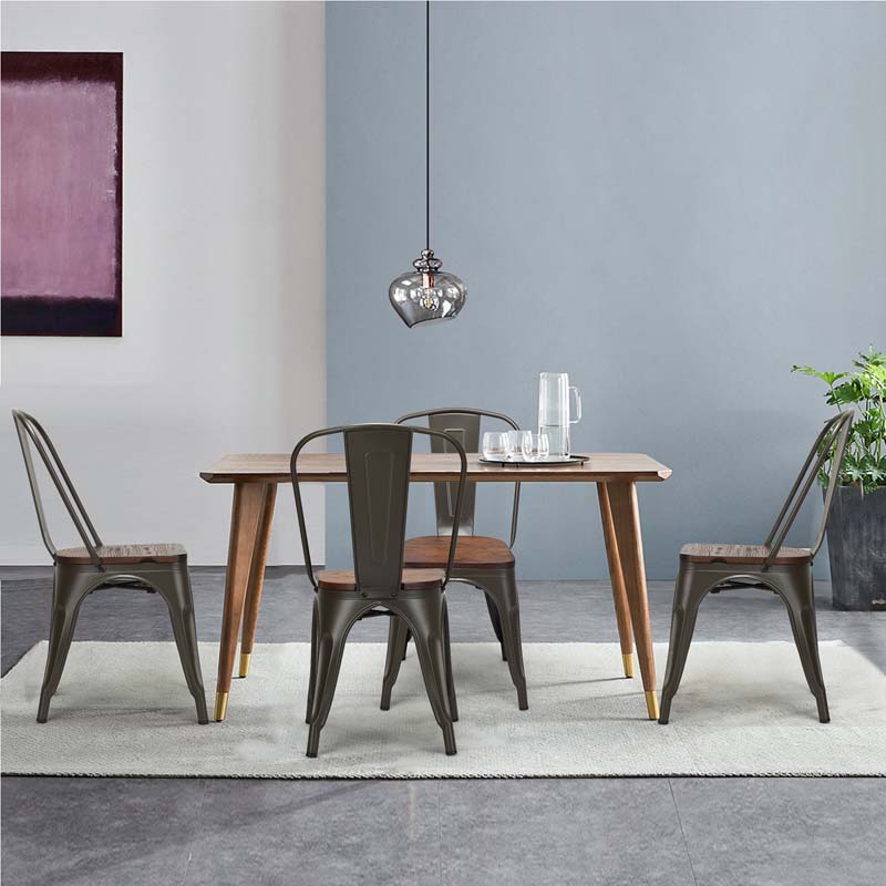 Set of 4 Tolix Style Metal Dining Chairs, 18" Stackable Bistro Cafe Side Chairs with Wood Seat & High Backrest for Home Kitchen Bar Use