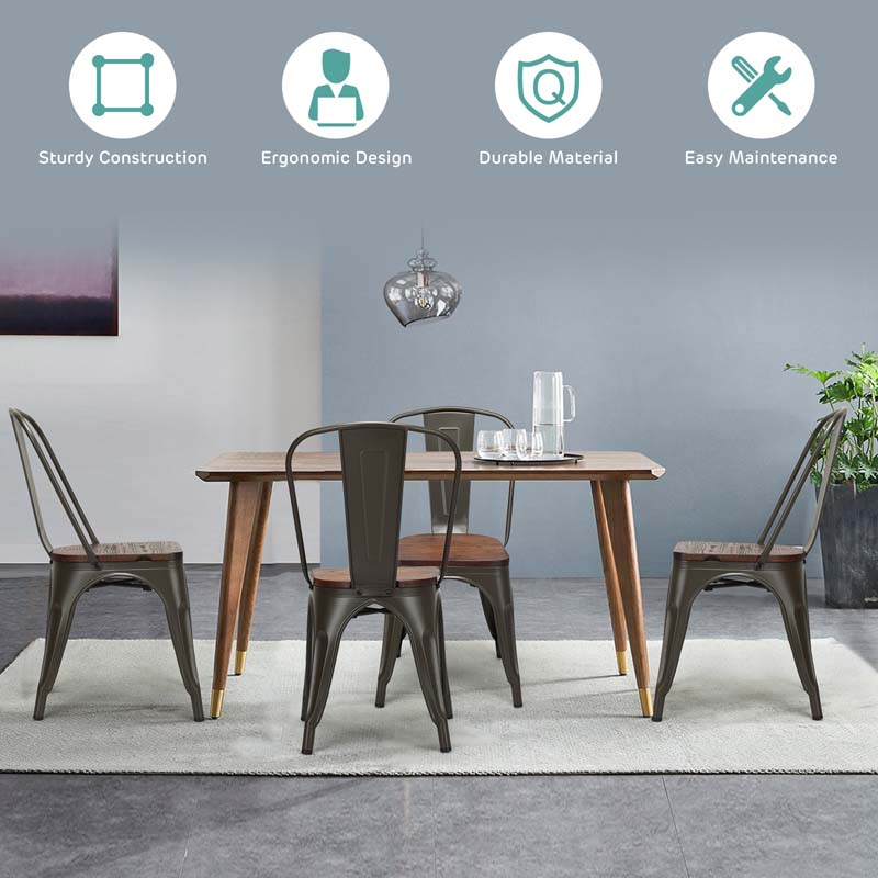 Set of 4 Tolix Style Metal Dining Chairs, 18" Stackable Bistro Cafe Side Chairs with Wood Seat & High Backrest for Home Kitchen Bar Use
